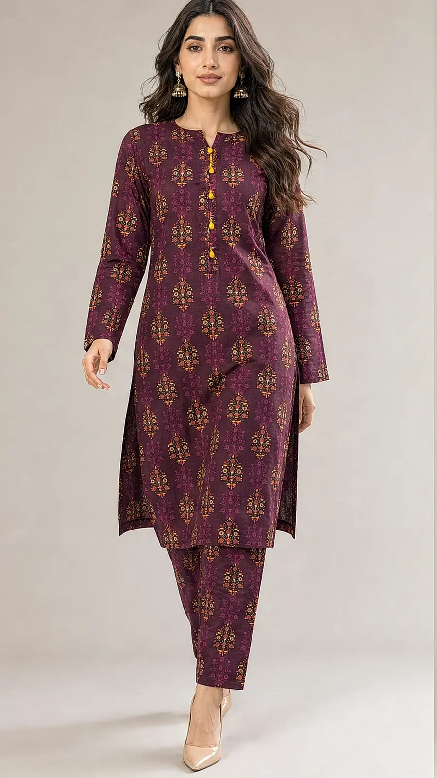 Plum Printed Cotton Lawn Co-ord Suit