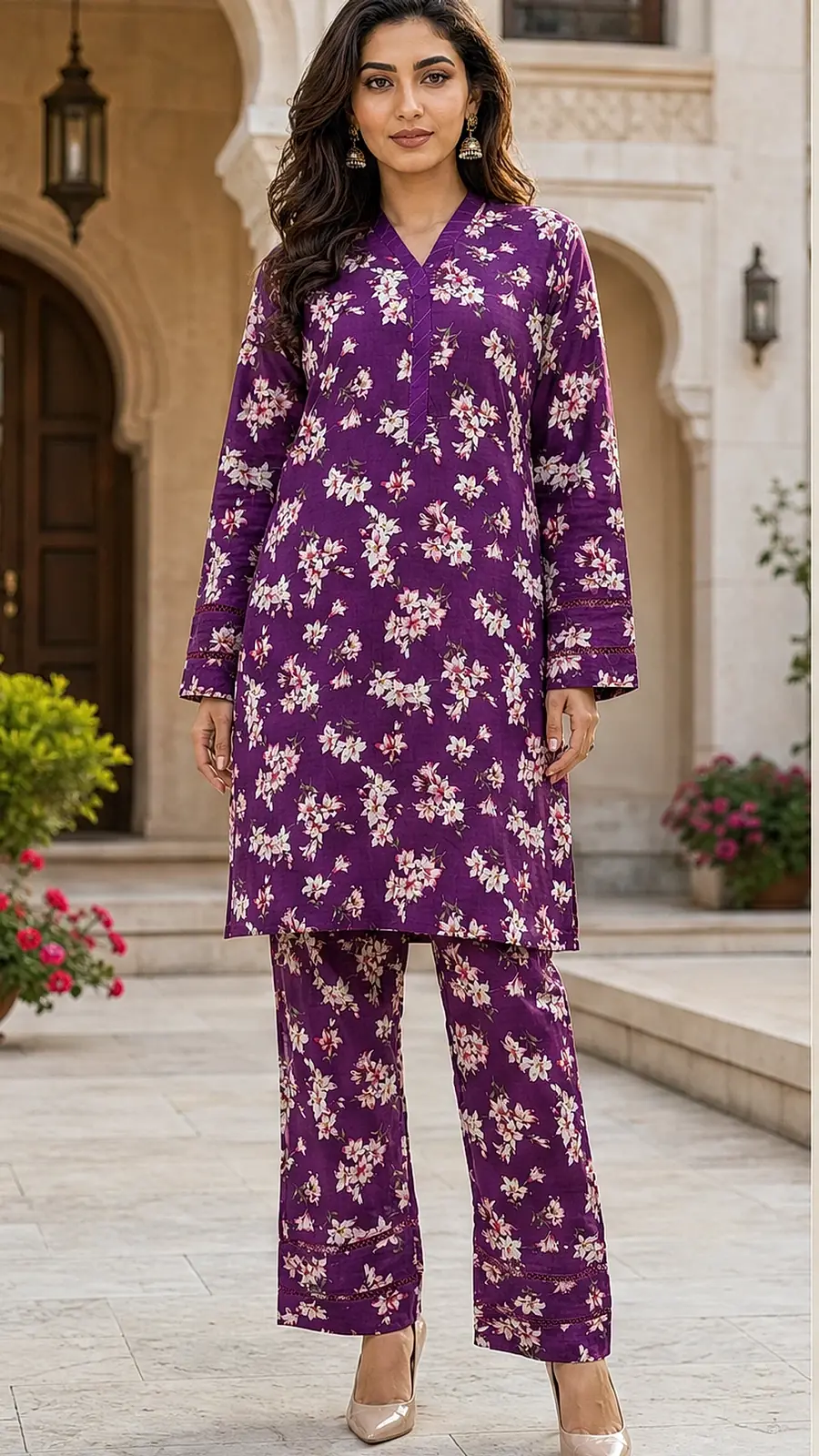 White_Purple 2 Pcs Coord  Soft Cotton Lawn Suit