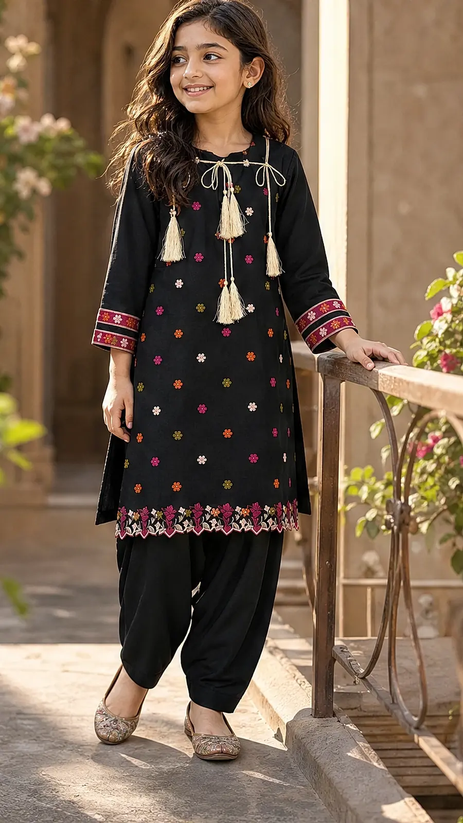 Girls Black Embroidered Kurta Salwar Set