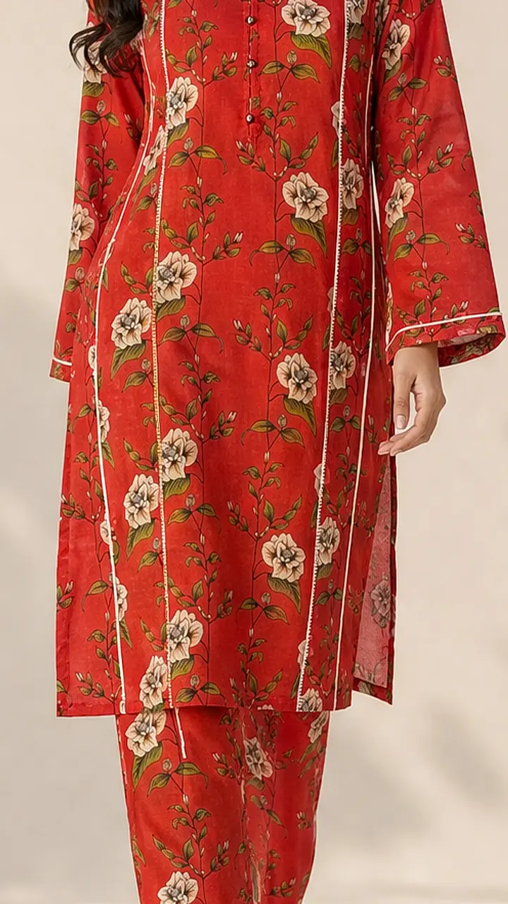 Crimson Red Botanical Vine Cotton Lawn 2-Piece Co-ord Set - Long Length Shirt