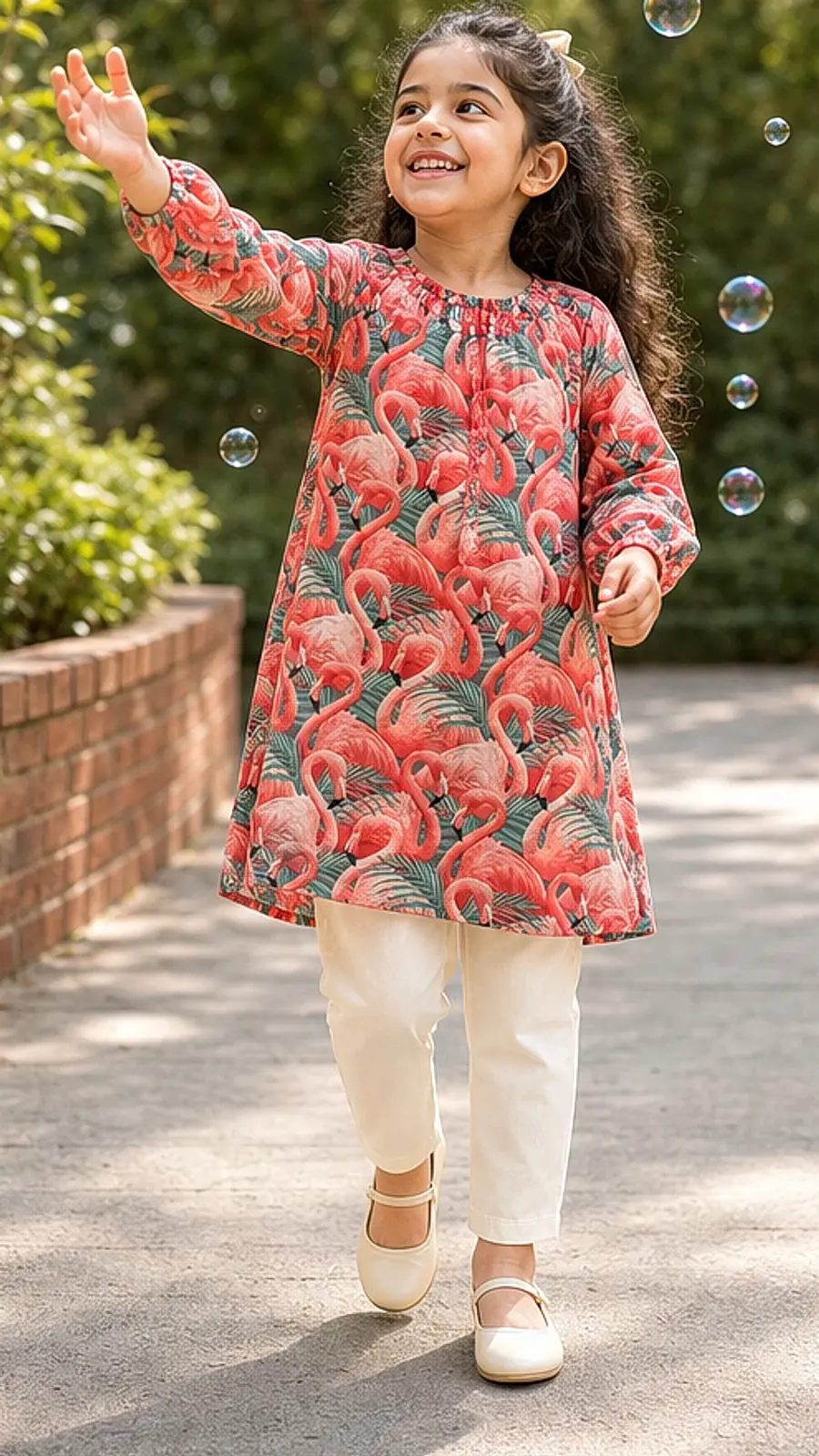 Girls Flamingo Print Kurta Pant Set
