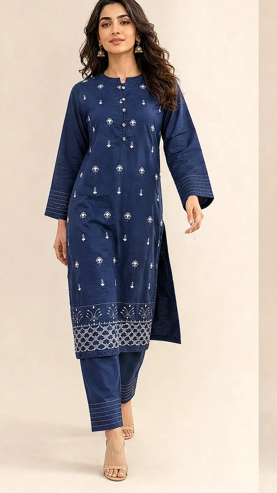 Navy and Embriodered 2 Pcs Egyptian Soft Cotton Lawn Suit