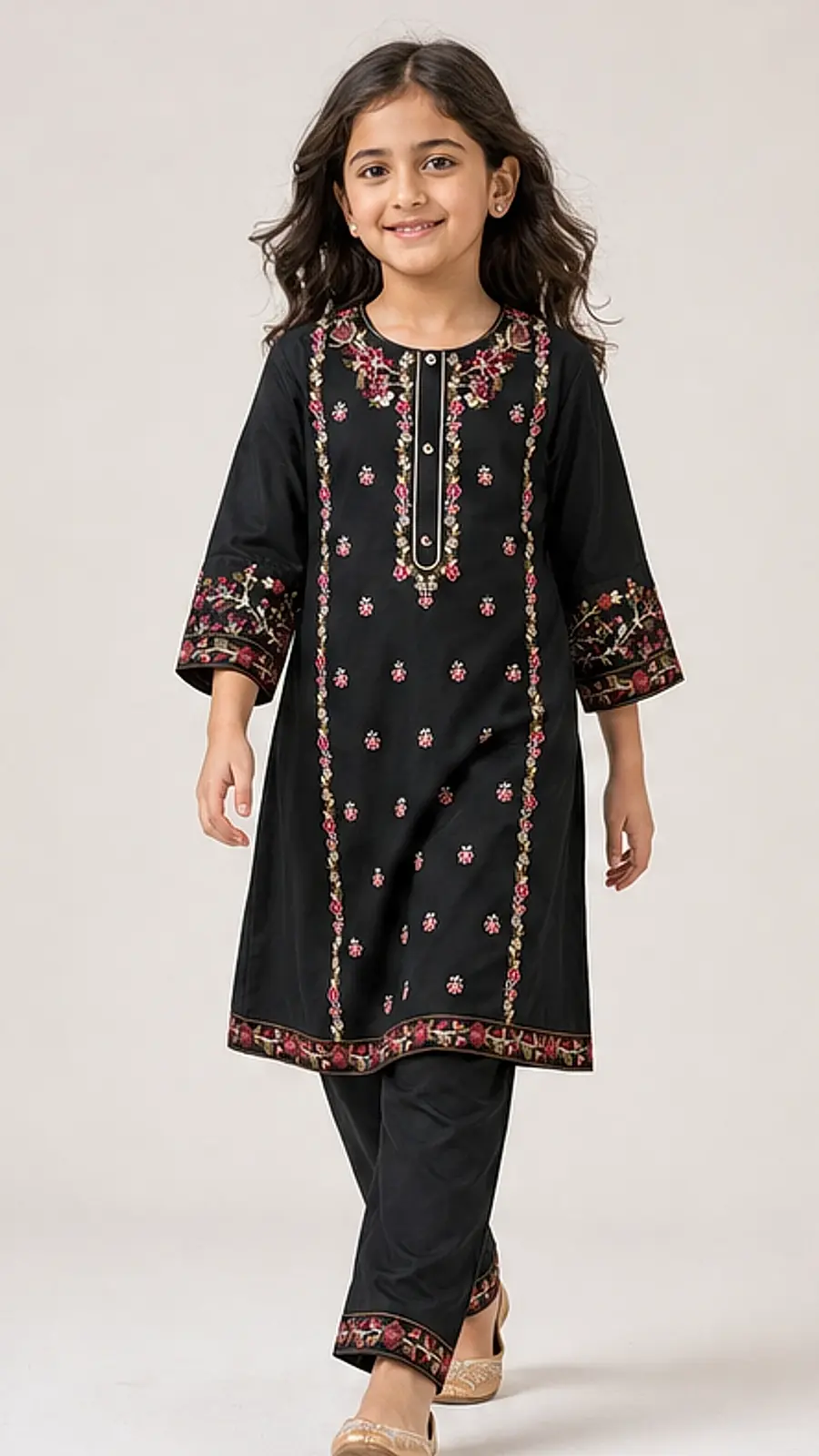Girls Embroidered Black Kurta Trouser Set