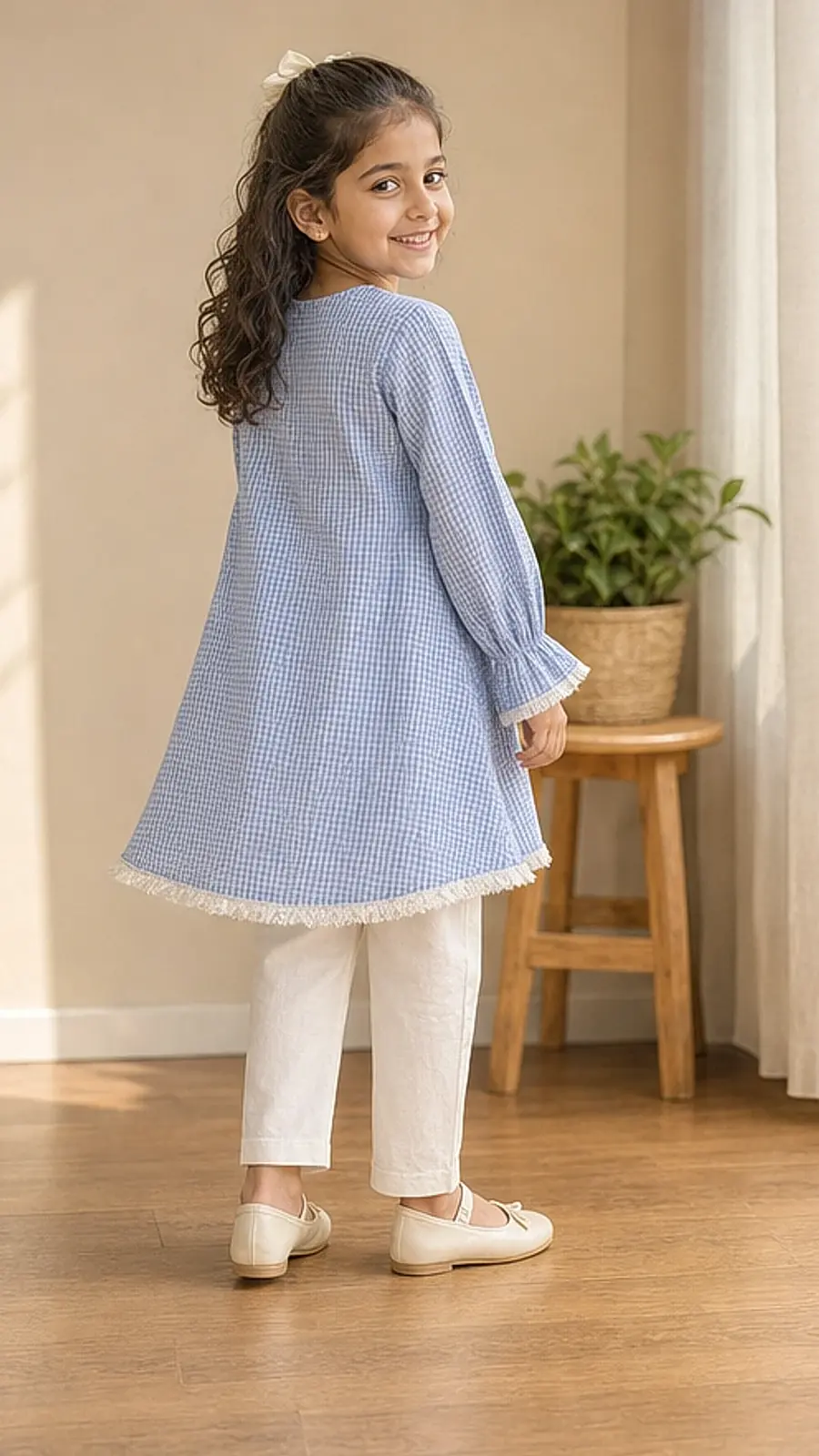 Girls Gingham Kurta Trouser Set