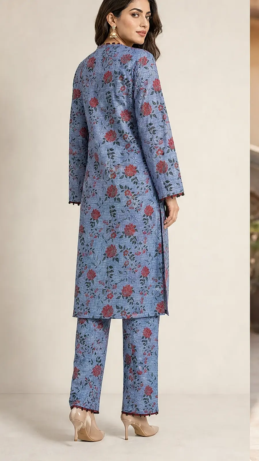 Denim Blue_Maroon 2 Pcs Coord  Soft Cotton Lawn Suit