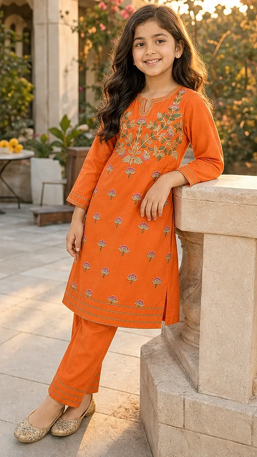 Girls Orange Embroidered Kurta Pant Set