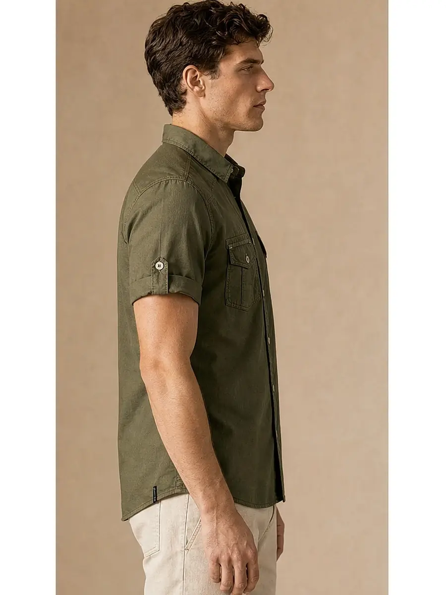 Olive Half Sleeve Pigment dyed Egyptian Cotton Shirt