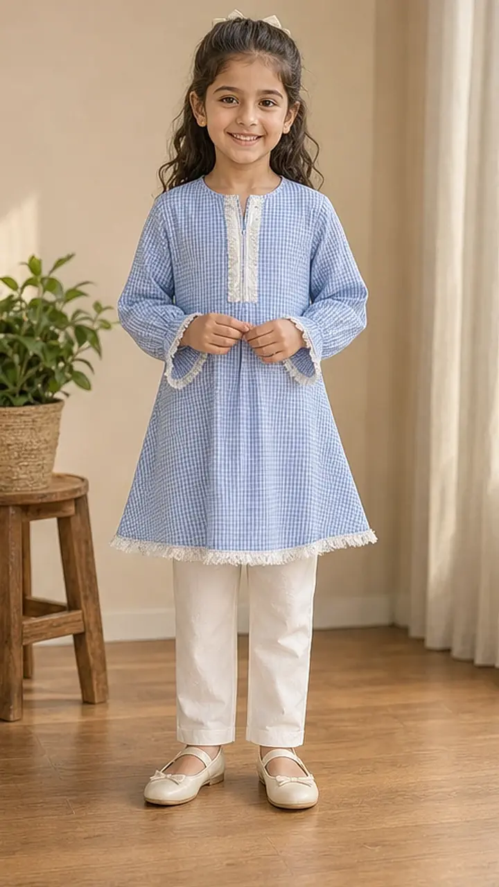 Girls Gingham Kurta Trouser Set