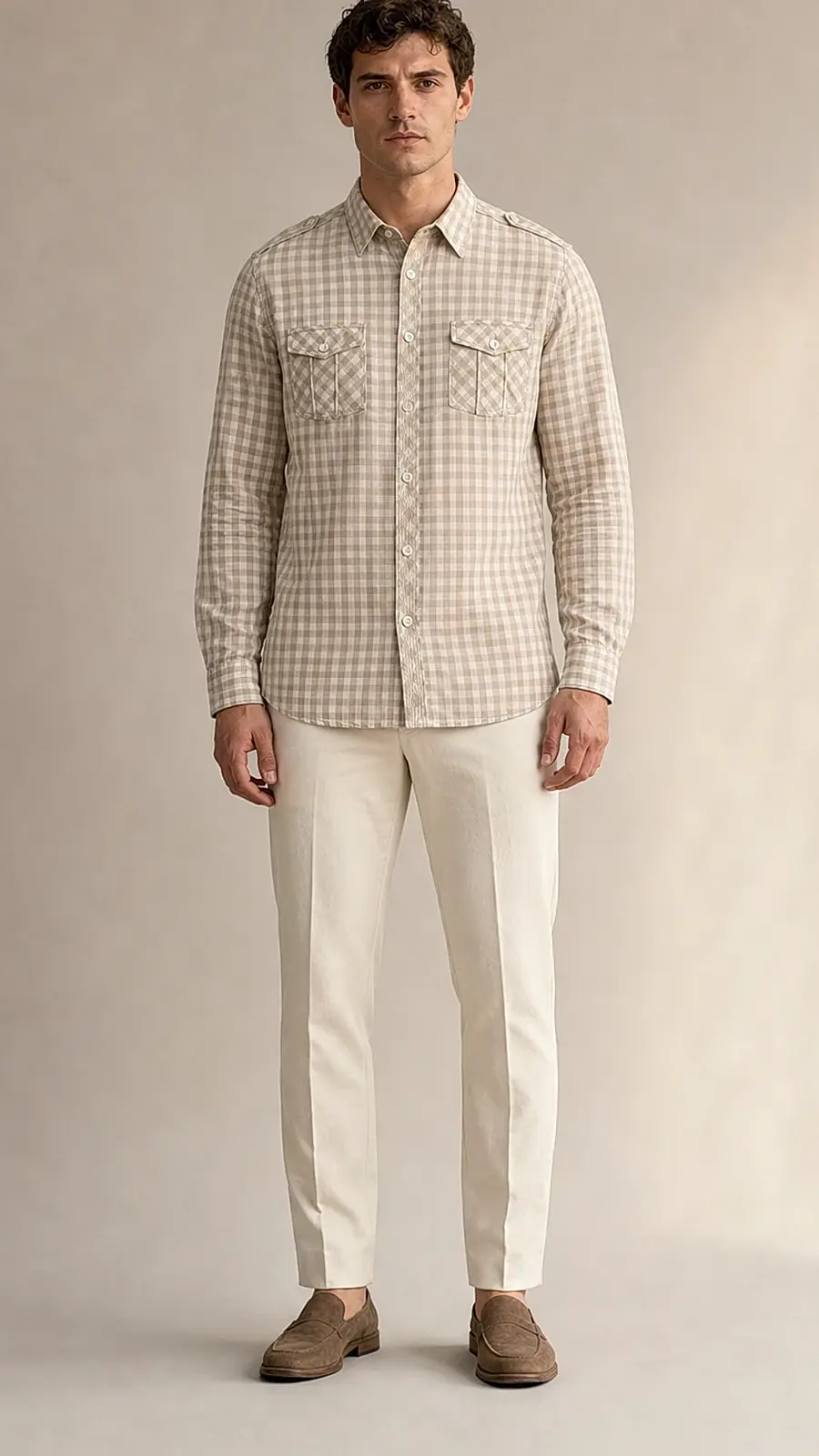 Beige White Gingum Check Egyption Cotton Shirt