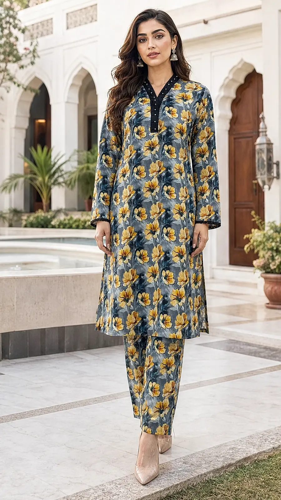 Gray_Yellow 2 Pcs Coord  Soft Cotton Lawn Suit