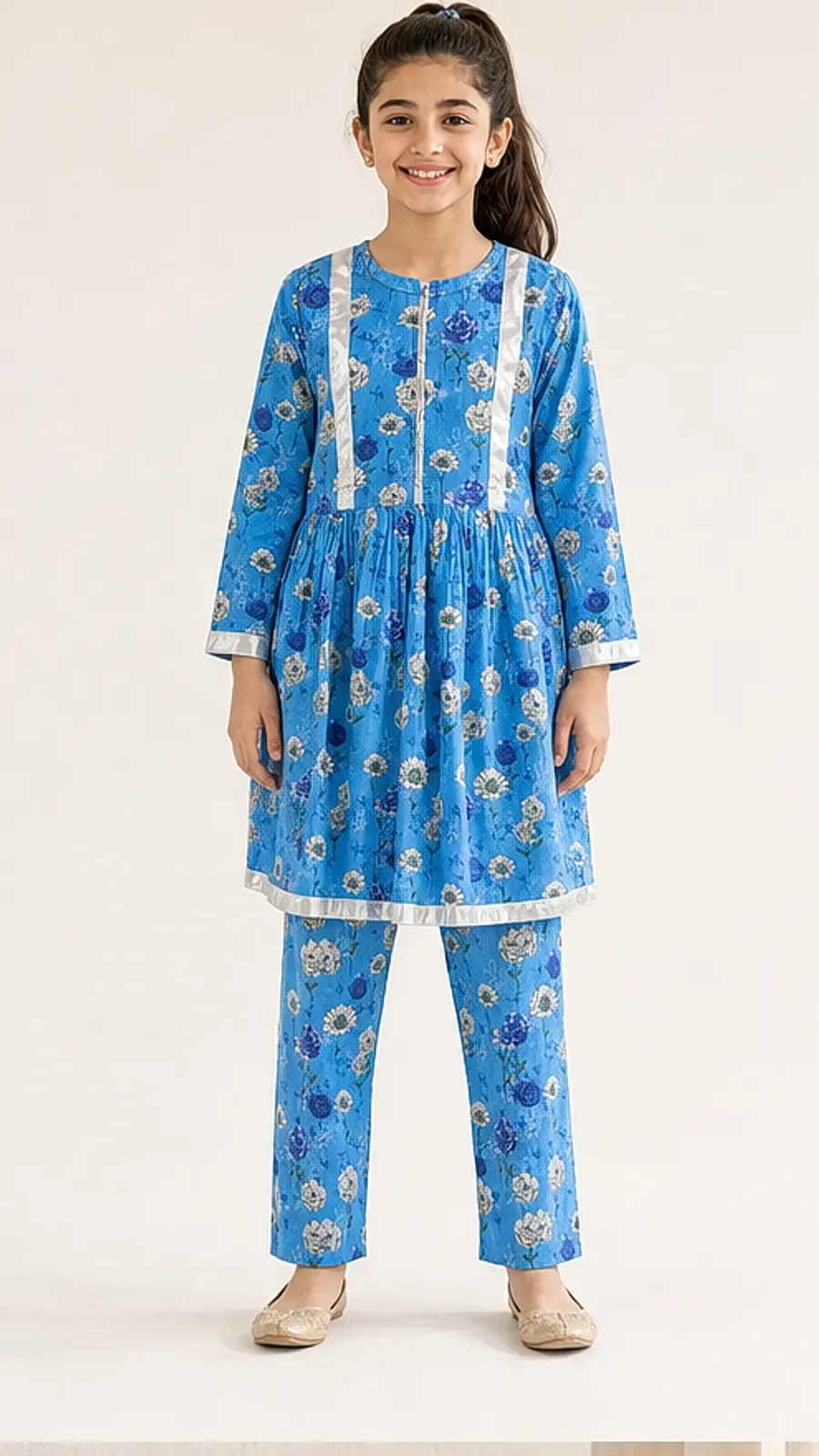 Girls Ocean Blue Floral Frock Shalwar Set