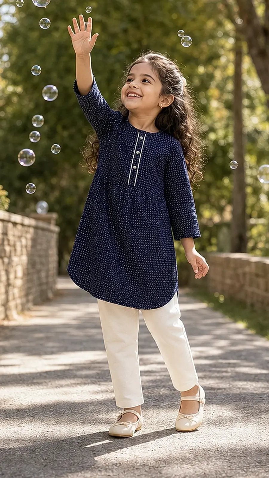 Girls Navy Dotted Kurta Legging Set