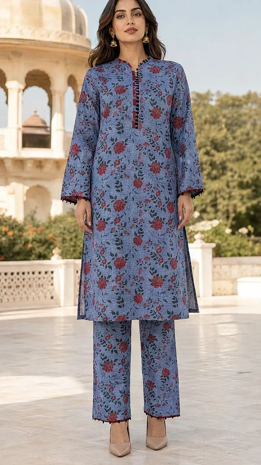 Denim Blue_Maroon 2 Pcs Coord  Soft Cotton Lawn Suit