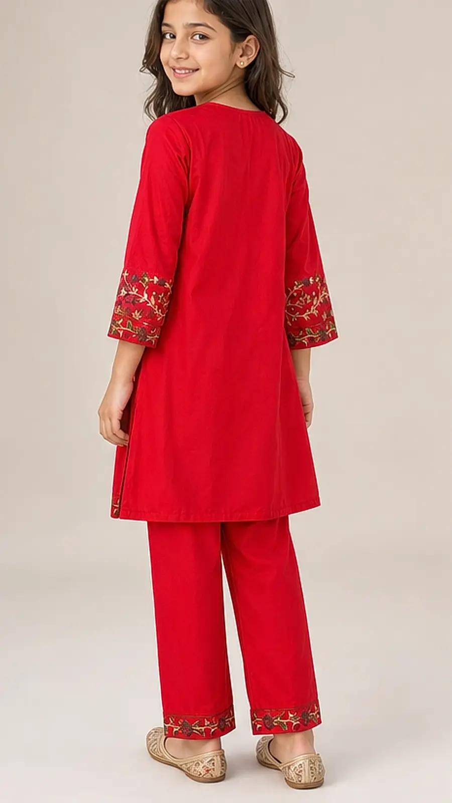 Girls Red Embroidered Kurta Pajama Set