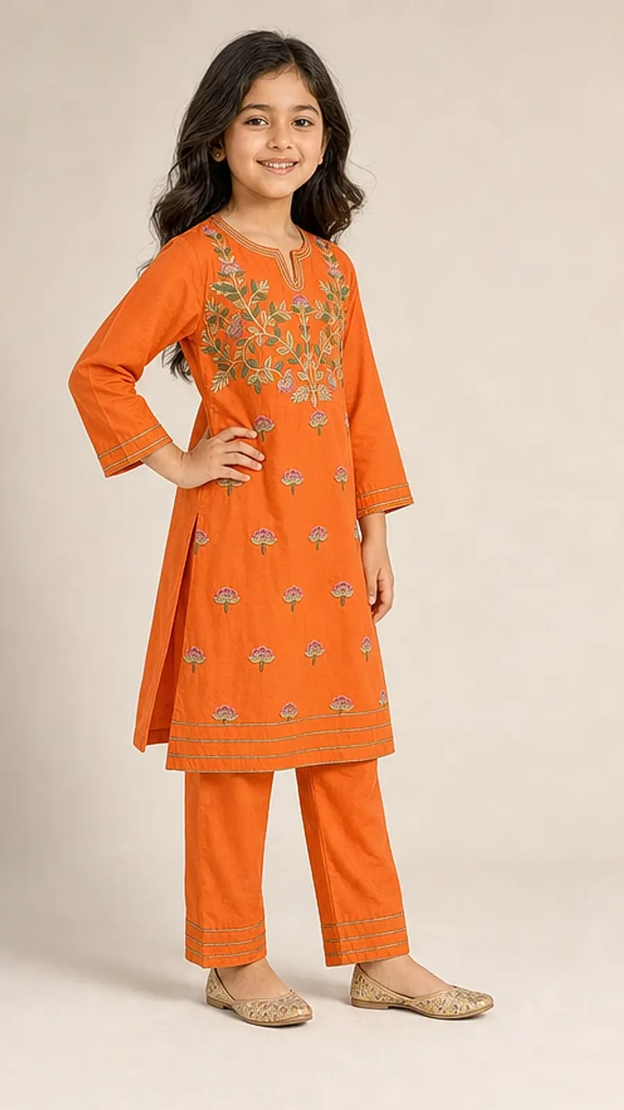 Girls Orange Embroidered Kurta Pant Set