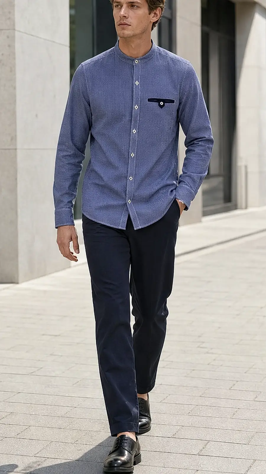 Blue Bajra Check Band Collar Shirt