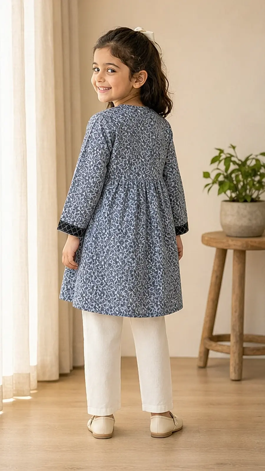 Girls Blue Printed Kurta Trouser Set