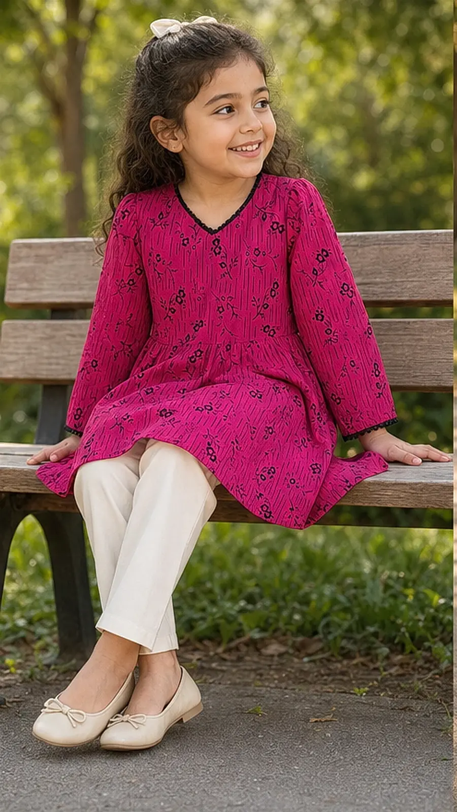 Girls Magenta Floral Kurta Pant Set