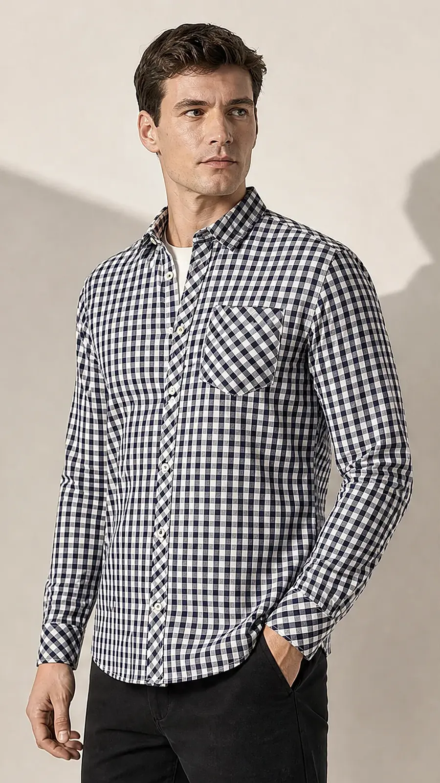 Navy_Black_white yarn dyed fine weaved Cotton Fabric soft Casual Shirt