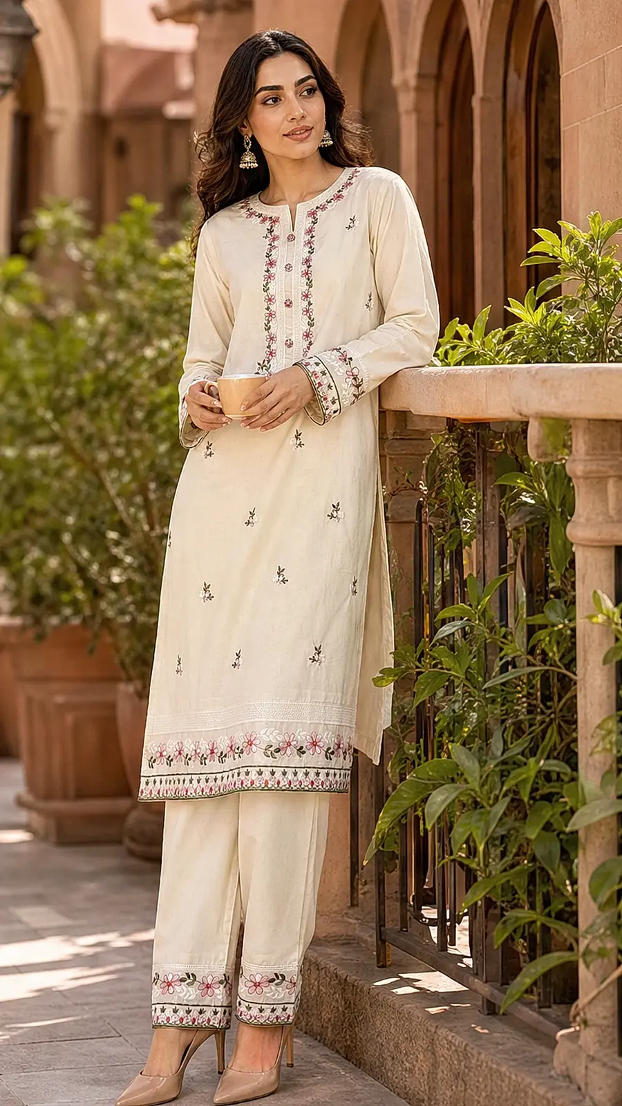 Cream Embroidered Cotton Kurta Pant Set
