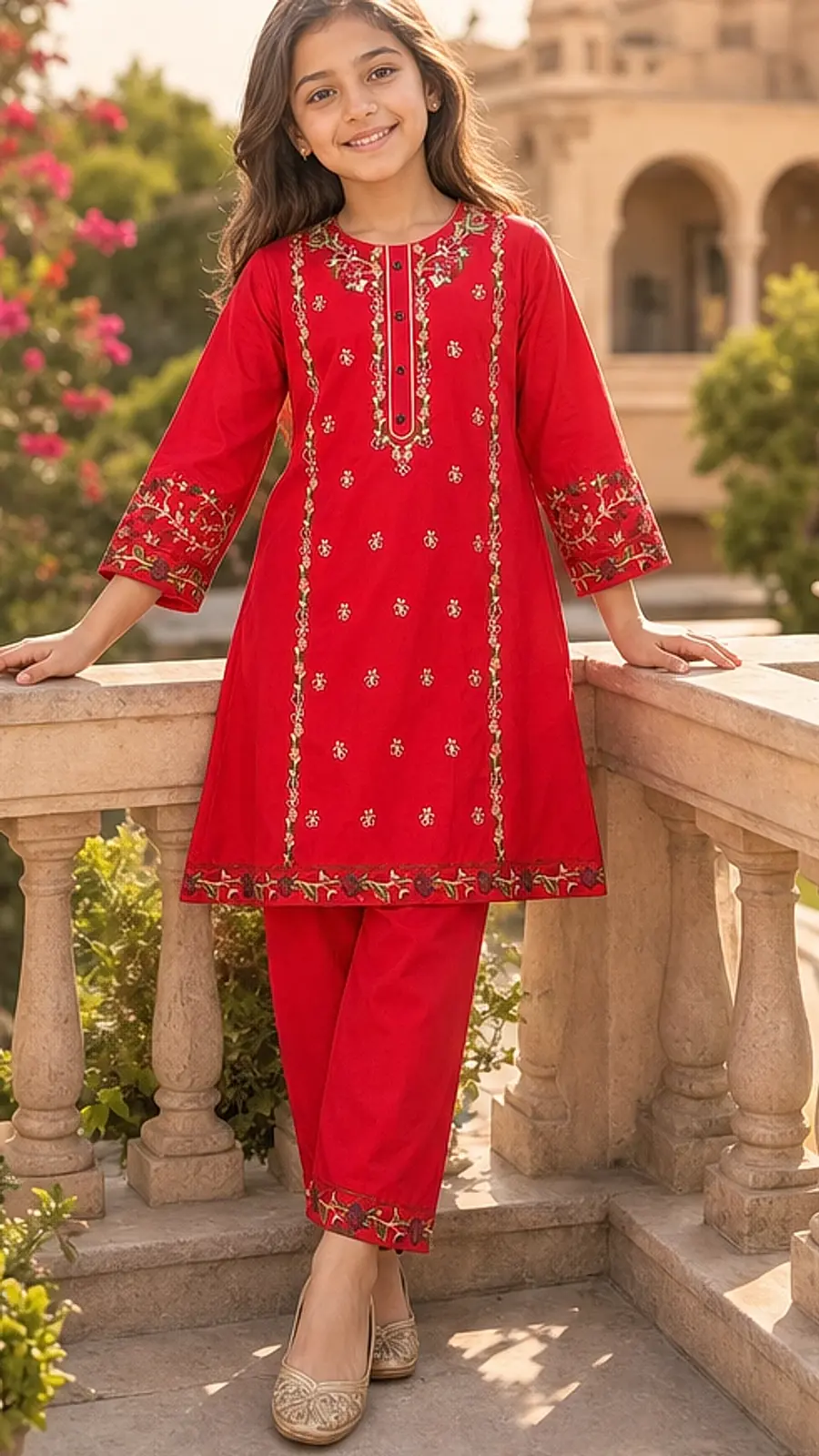 Girls Red Embroidered Kurta Pajama Set