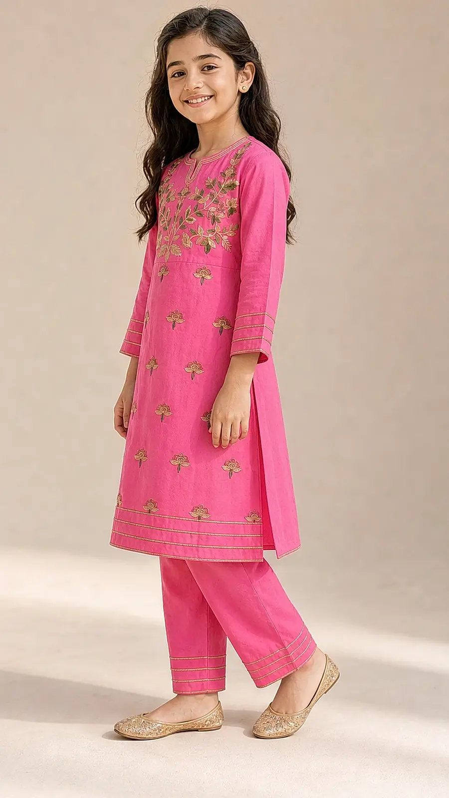 Girls Pink Embroidered Kurta Pant Set
