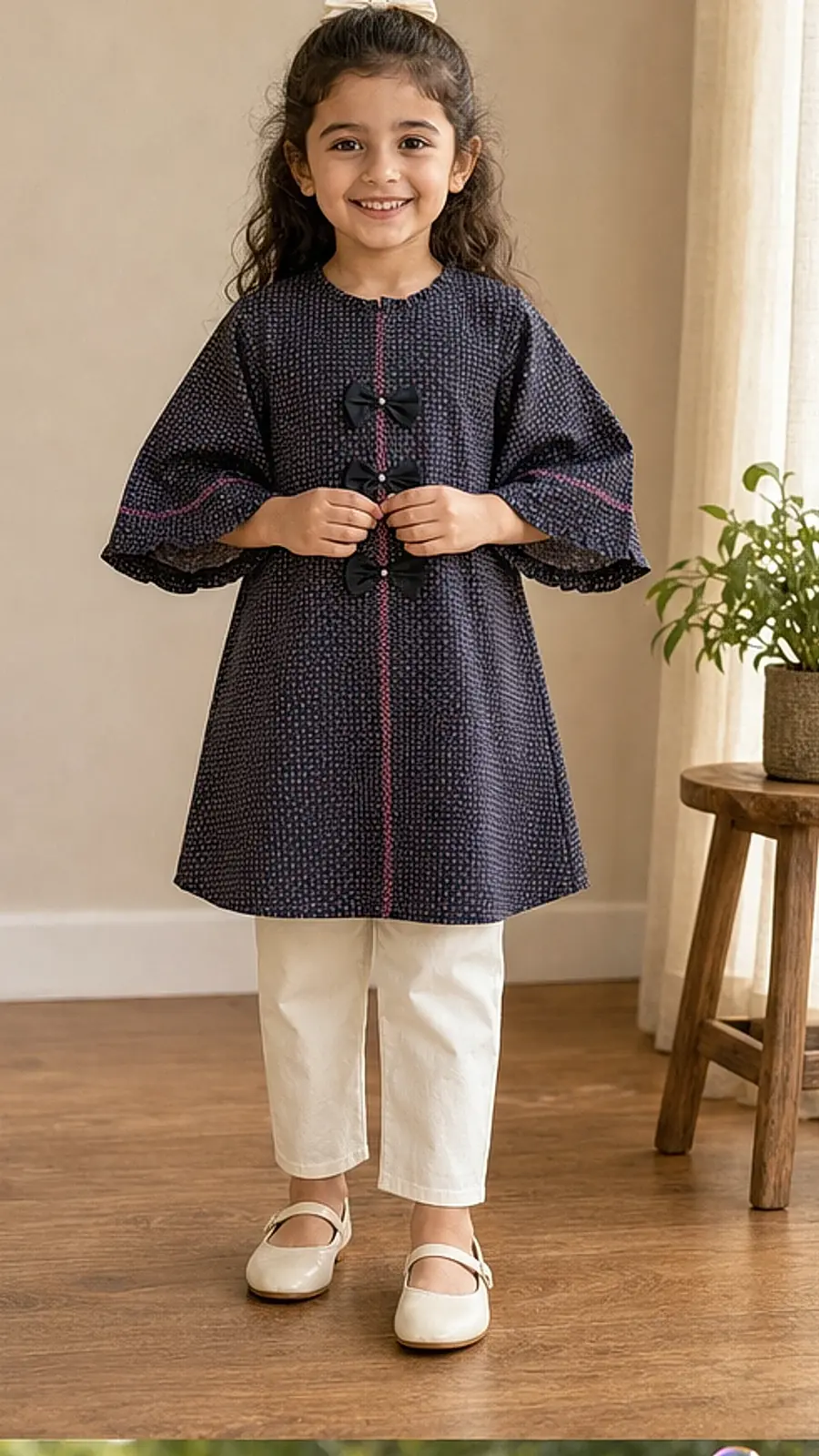 Girls Navy Printed Kurta Pant Set