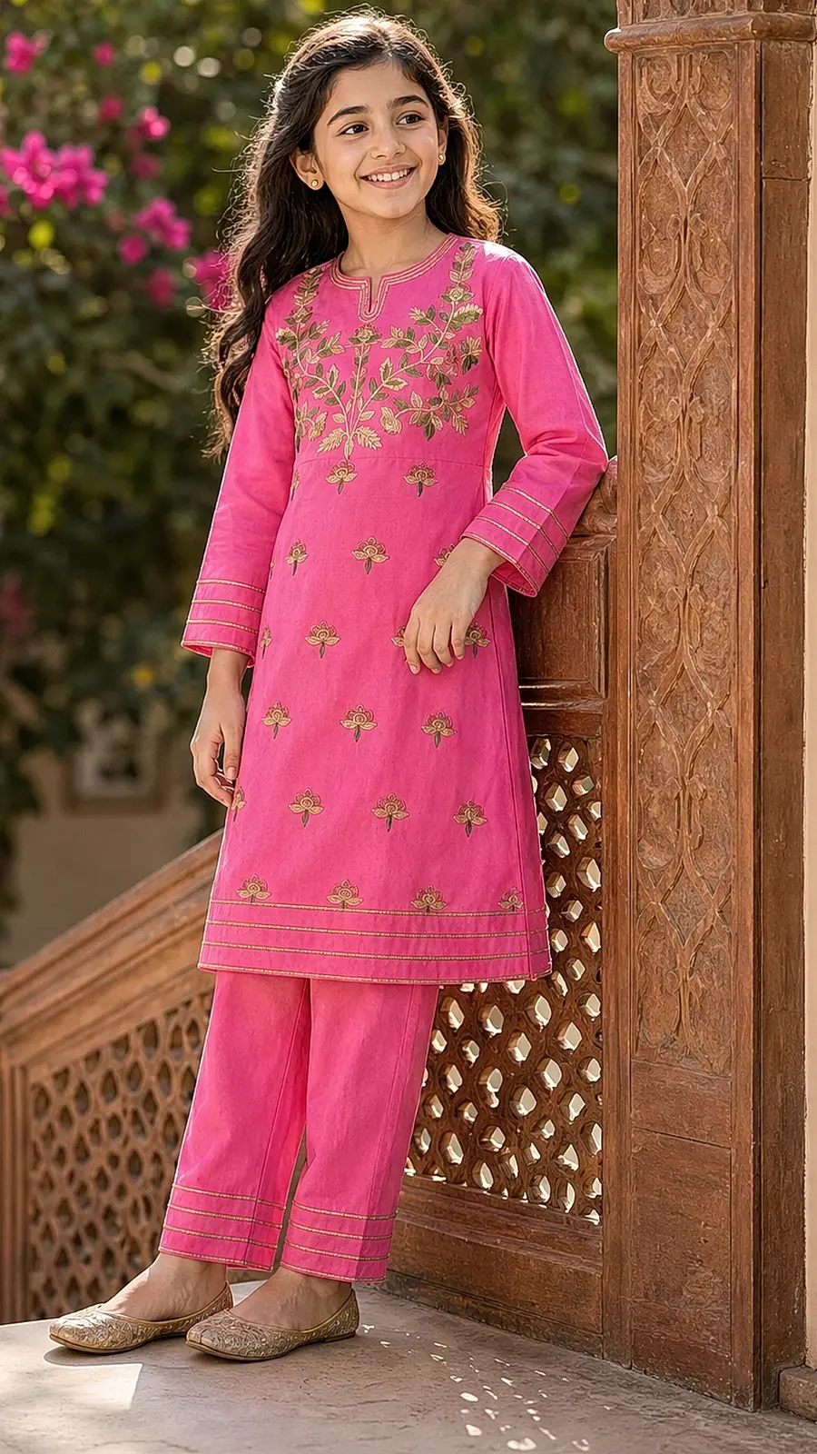 Girls Pink Embroidered Kurta Pant Set