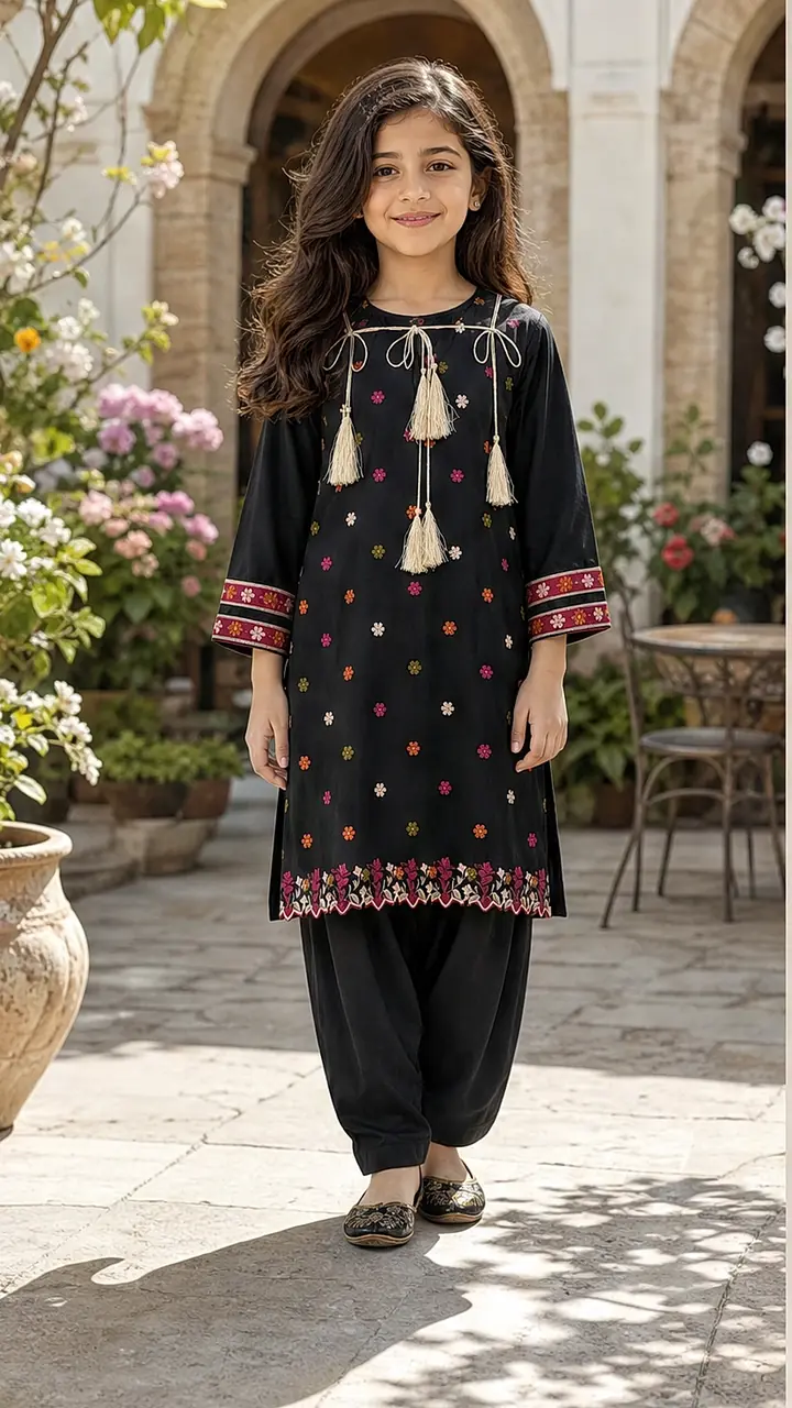 Girls Black Embroidered Kurta Salwar Set