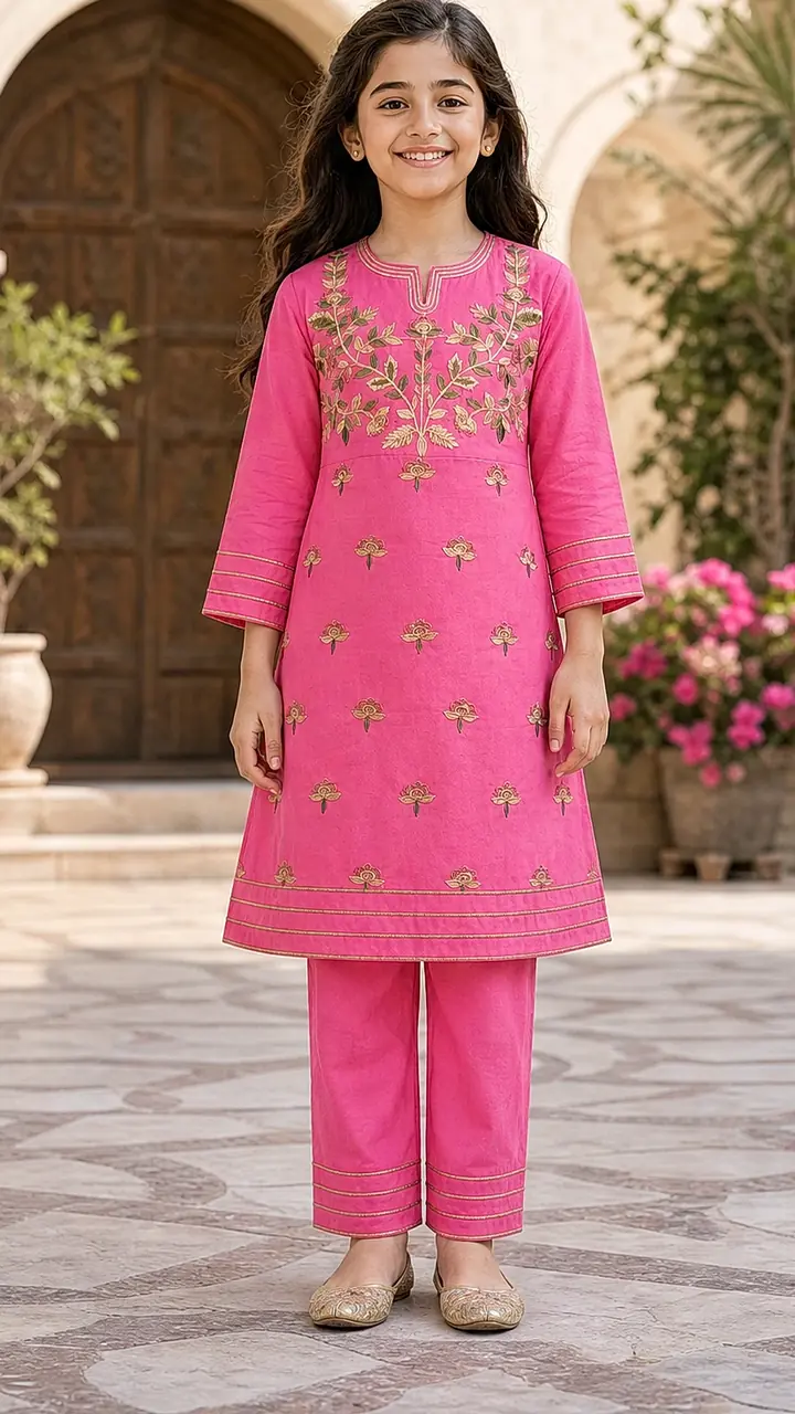 Girls Pink Embroidered Kurta Pant Set