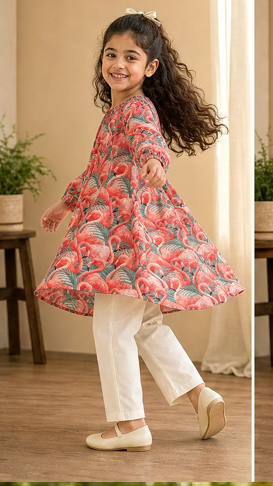 Girls Flamingo Print Kurta Pant Set