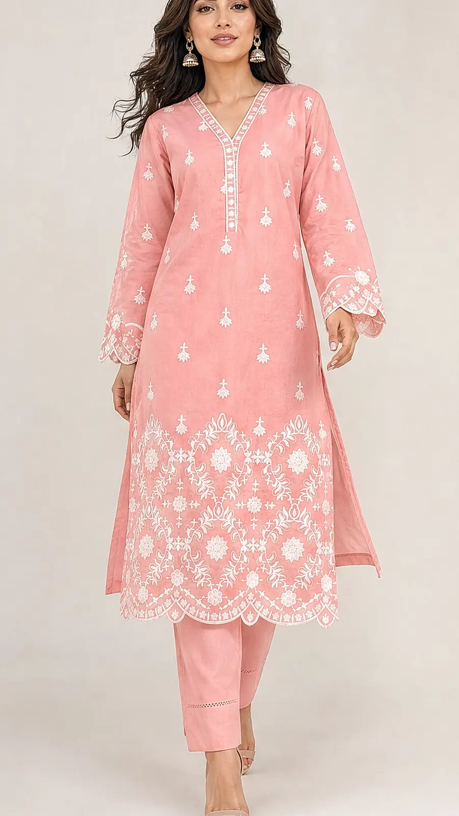 Peach Embroidered Cotton Lawn Two Piece Suit