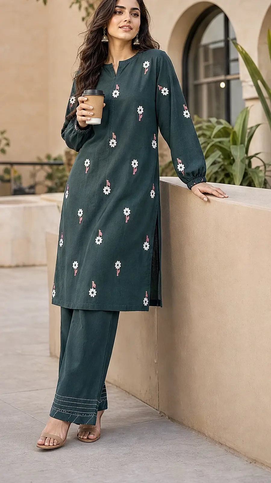 Bottle Green Embroidered Cotton Lawn 2 Piece Suit