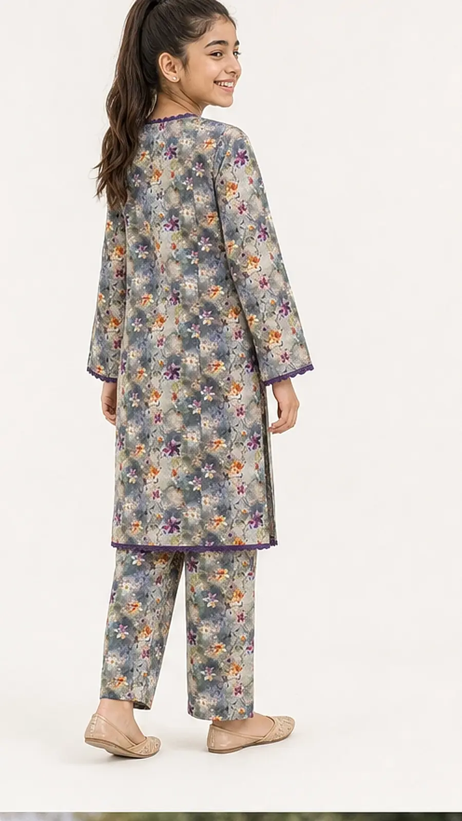 Girls Muted Floral Angrakha Shalwar Set