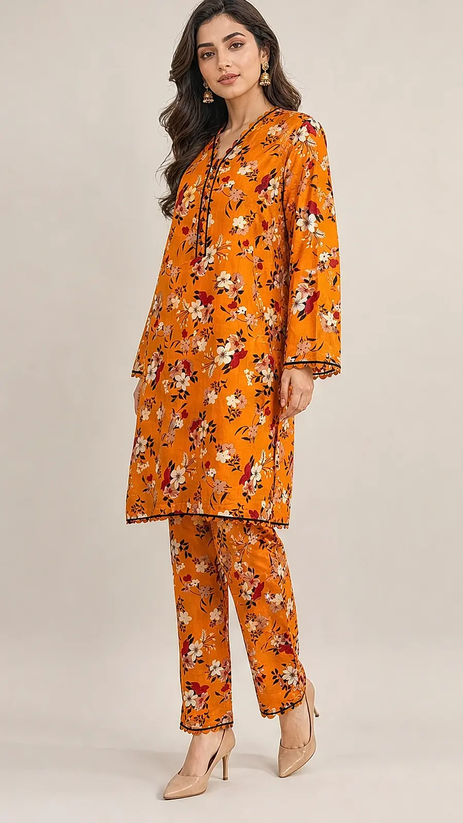 Orange Floral Cotton Lawn Two Piece Coord Suit