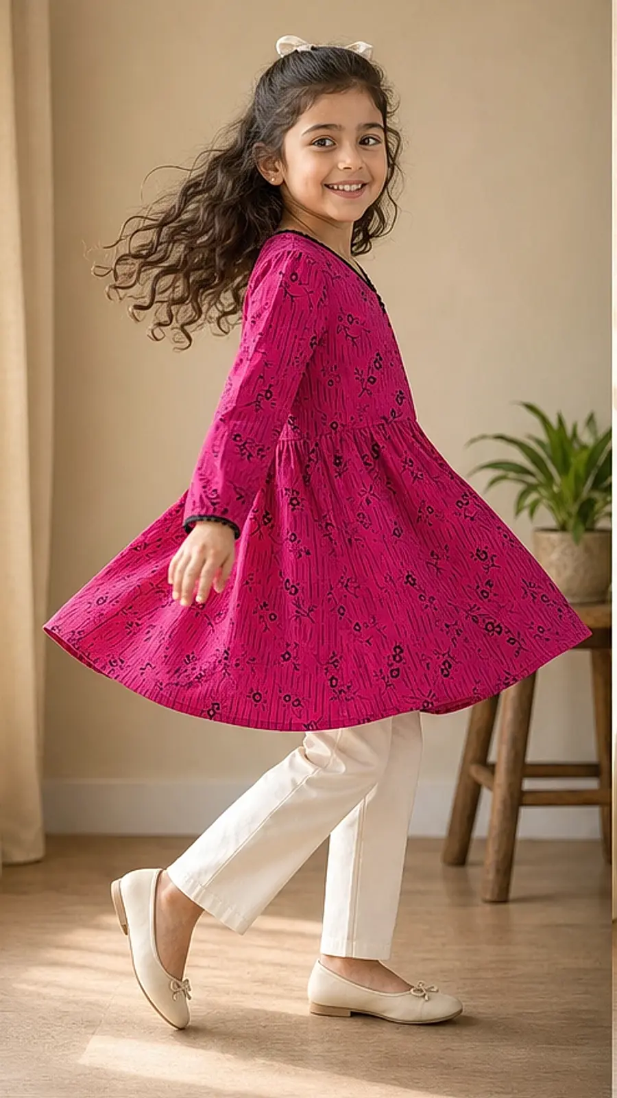 Girls Magenta Floral Kurta Pant Set