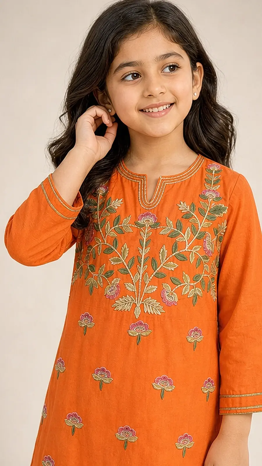 Girls Orange Embroidered Kurta Pant Set