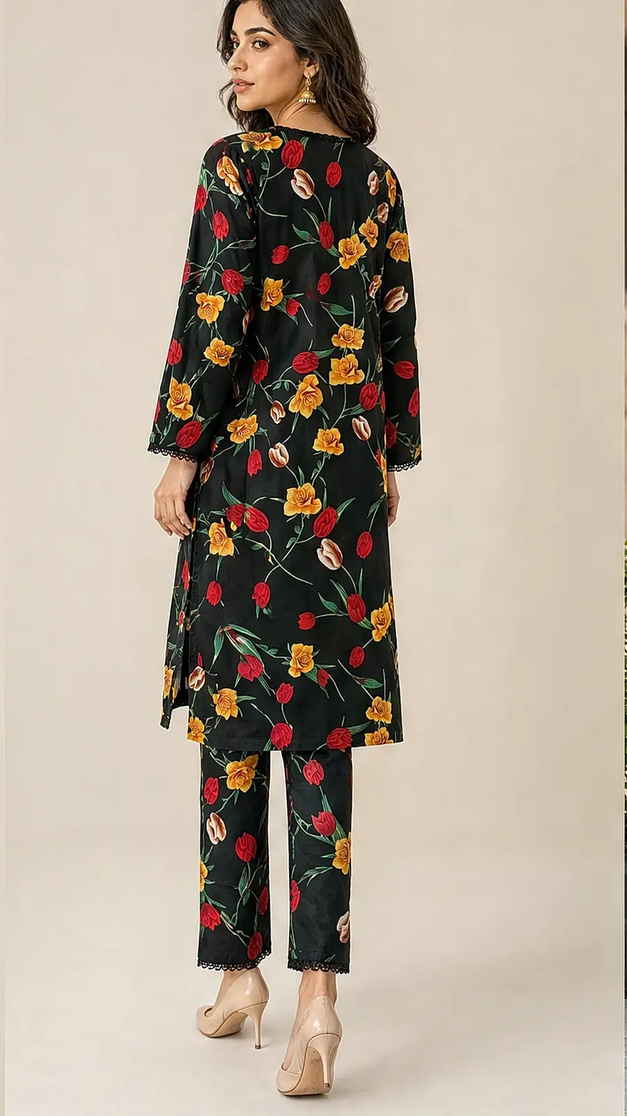Black Floral Two Piece Cotton Lawn Coord Set