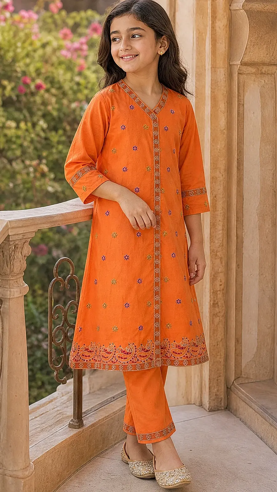 Girls Orange Embroidered Kurta Pant Set