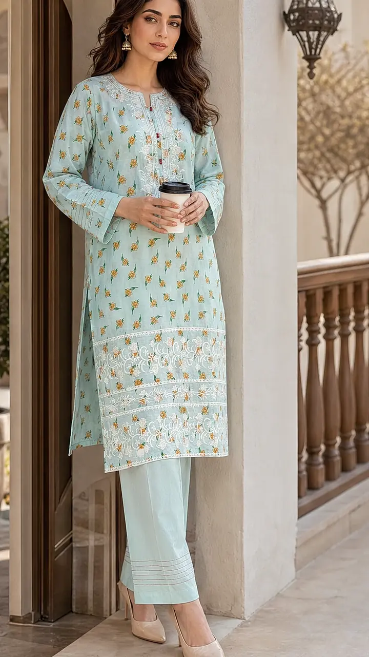 Sea Green Embriodered 2 Pcs Egyptian Soft Cotton Lawn Suit