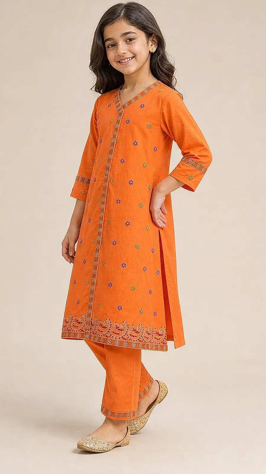 Girls Orange Embroidered Kurta Pant Set