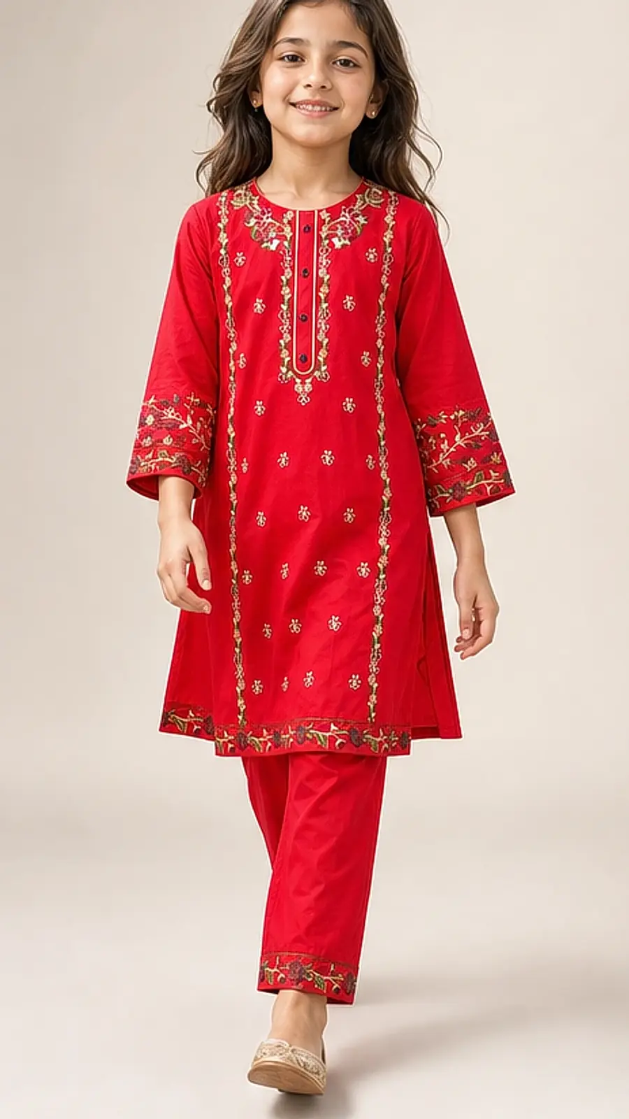 Girls Red Embroidered Kurta Pajama Set