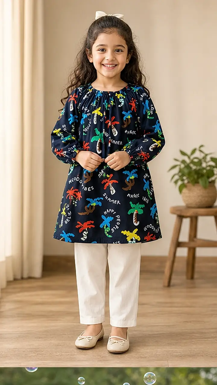 Girls Navy Tropical Print Co-Ord Set