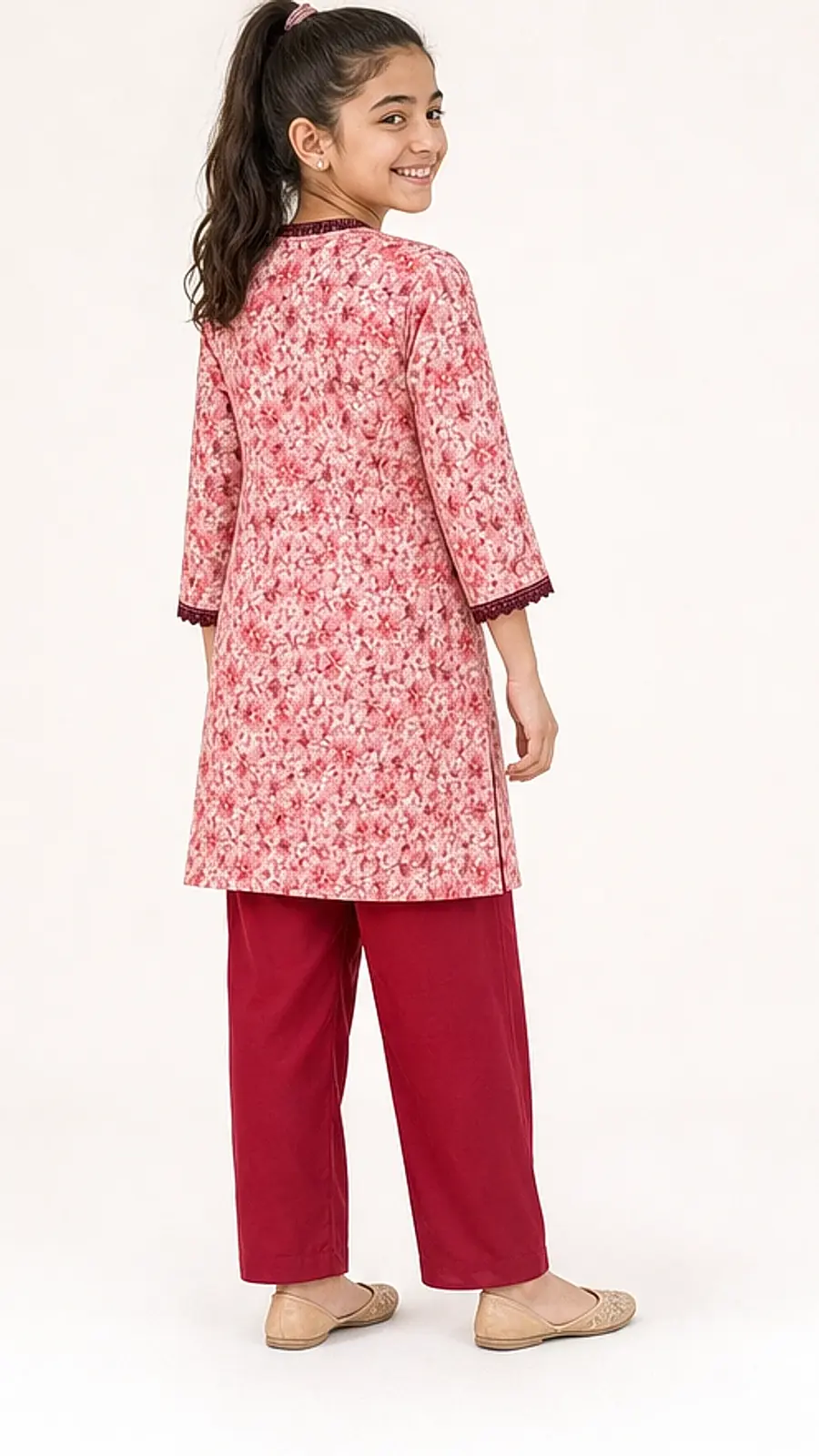 Girls Crimson Floral Angrakha Shalwar Set