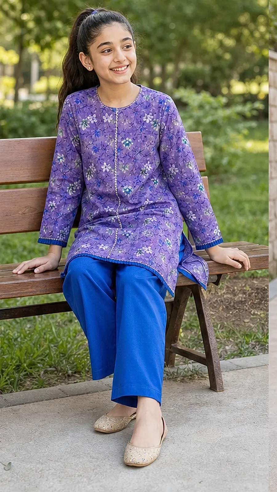 Girls Purple Floral Kurta Blue Pant Set