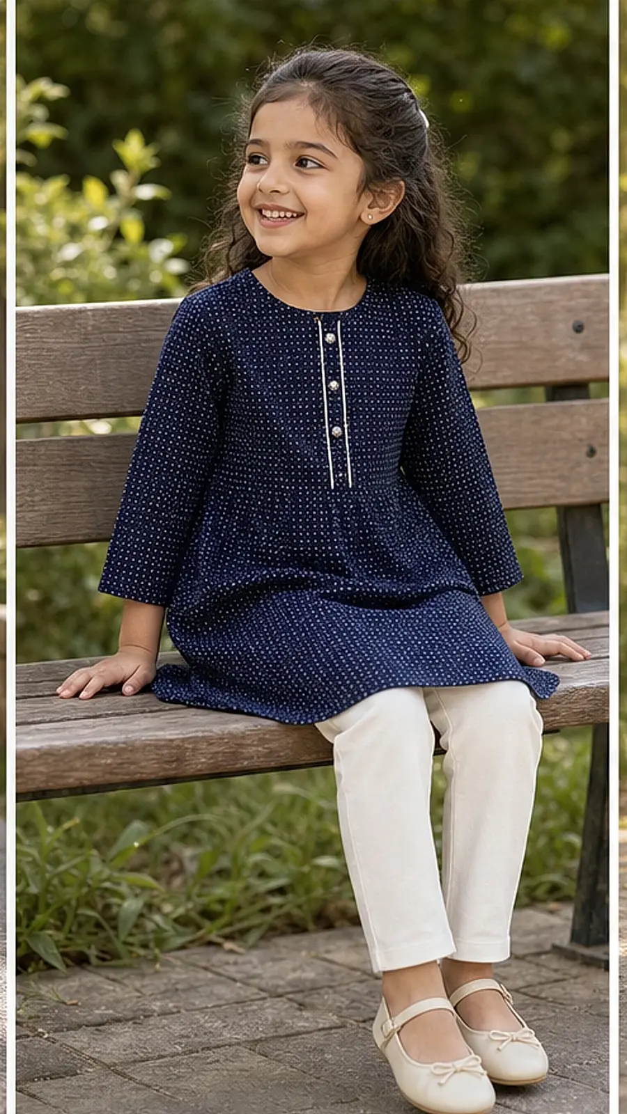 Girls Navy Dotted Kurta Legging Set