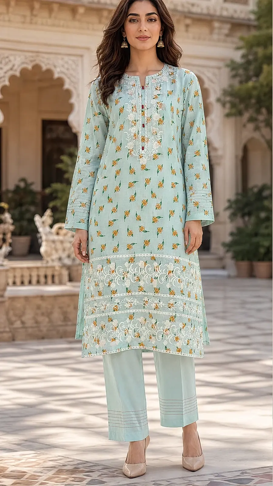 Sea Green Embriodered 2 Pcs Egyptian Soft Cotton Lawn Suit