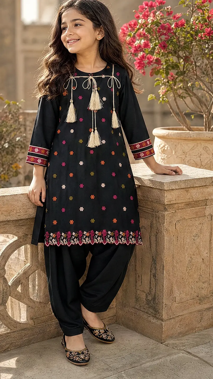 Girls Black Embroidered Kurta Salwar Set