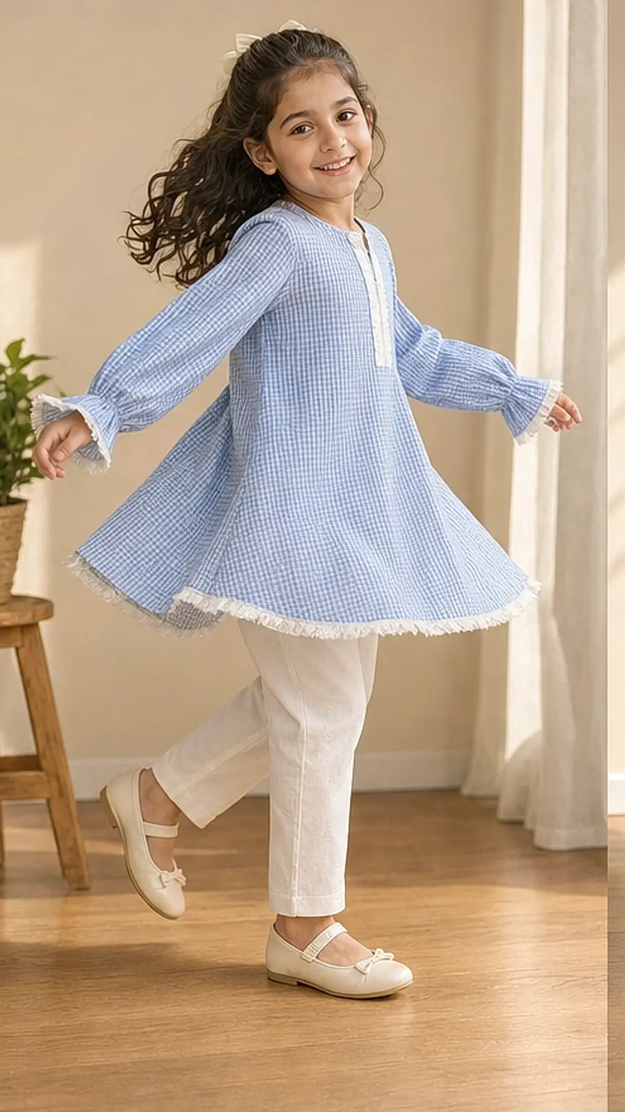 Girls Gingham Kurta Trouser Set