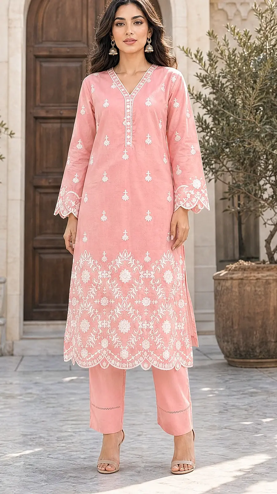 Peach Embroidered Cotton Lawn Two Piece Suit